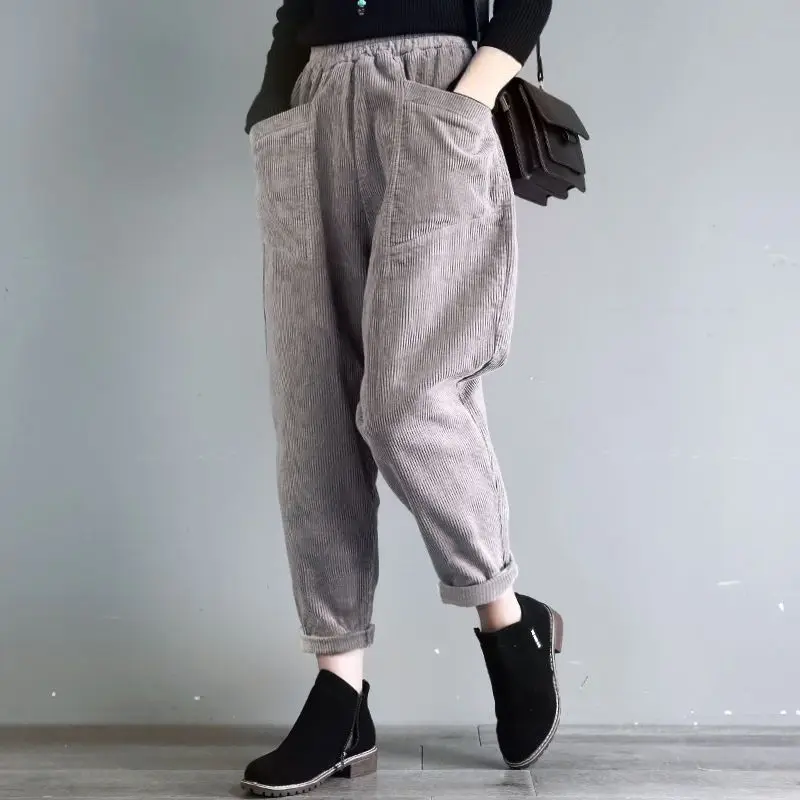 2023 Autumn and Winter Women's Velvet/Non Velvet Striped High Waist Radish Loose Solid Casual Harlan Fashion Elegant Pants