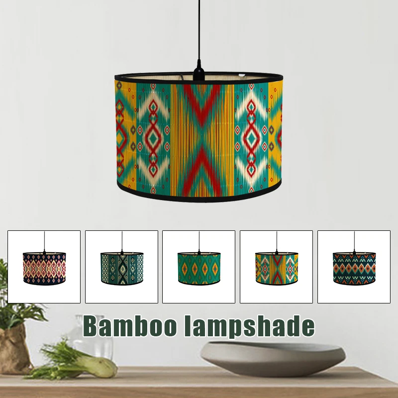 Creative Nordic Geometric Print Green Lamp Shade Bamboo Lampshade Cafe Chandelier Retro Homestay Room Decor Lamp Cover