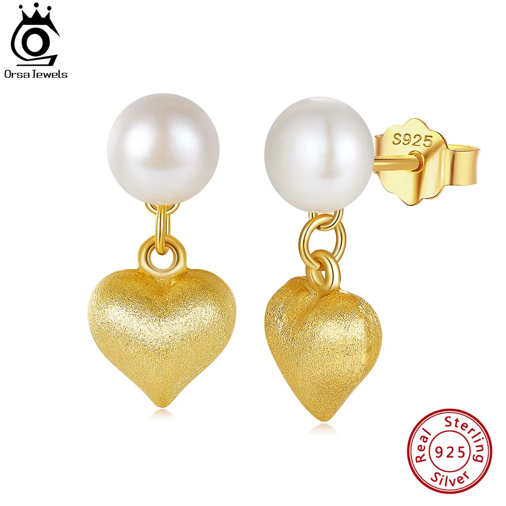 

ORSA JEWELS 925 Sterling Silver Natural Pearl Earrings with 14K Gold Dangle Heart for Women Chic Charming Fine Jewelry GPE100