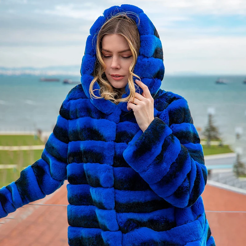 Женское длинное меховое пальто, Повседневная теплая шуба из натурального меха кролика Рекс, с капюшоном, Осень-зима 2022