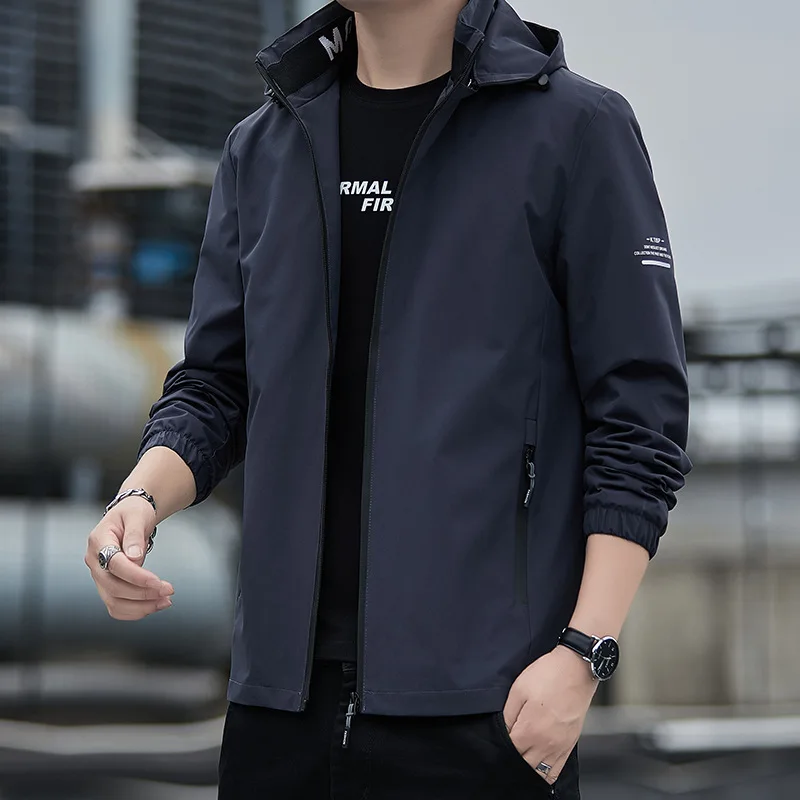 Spring Autumn Men's Solid Color Hooded Jacket Outdoor Sport Casual Windproof Jacket Fashion Handsome Slim Fitting Workwear Coat