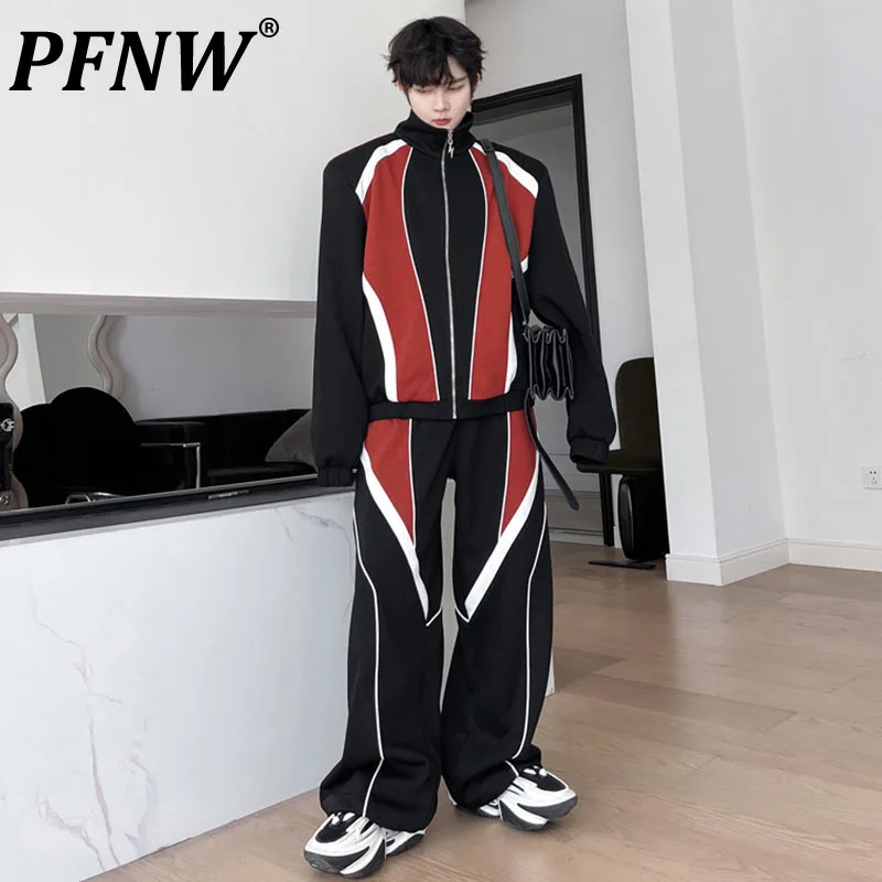 

PFNW Stitching Color Men's Cardigan Autumn Stand Collar Coat Korean Fashion Male Sport Sets Wide Leg Trousers Autumn New 28W1265