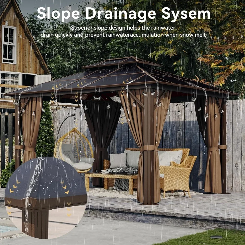 Aluminum Frame Permanent Pavilion with Curtains and Netting, Outdoor Polycarbonate Gazebo, Double Roof Canopy, Garden Sofas 3