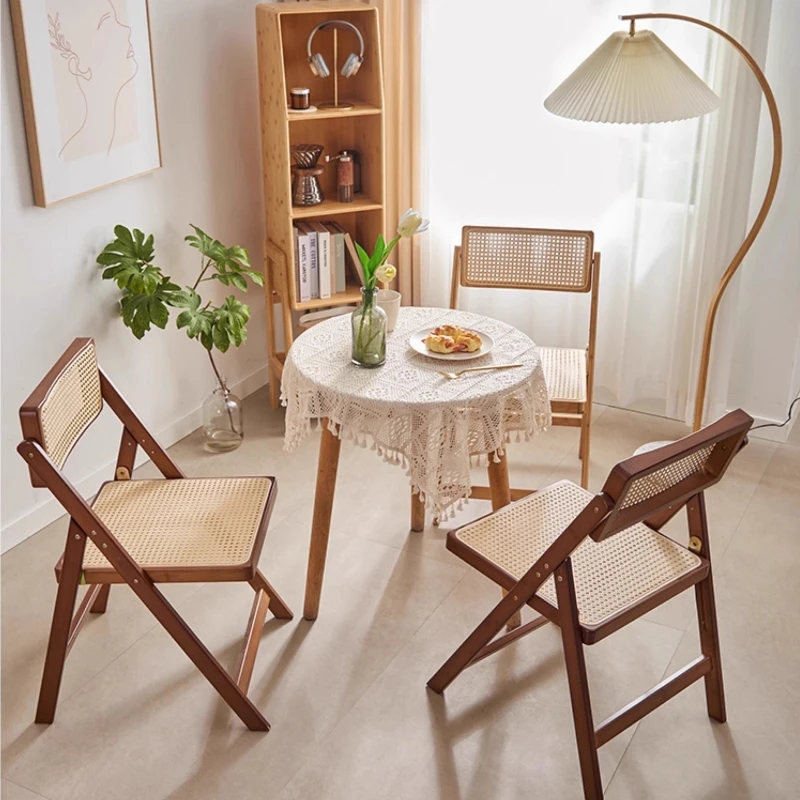 Wabi Sabi Rattan Chair Folding Bamboo Solid Wood Dining Chair Nordic Style Backrest Seat Rustic Home Kitchen Eating Chair