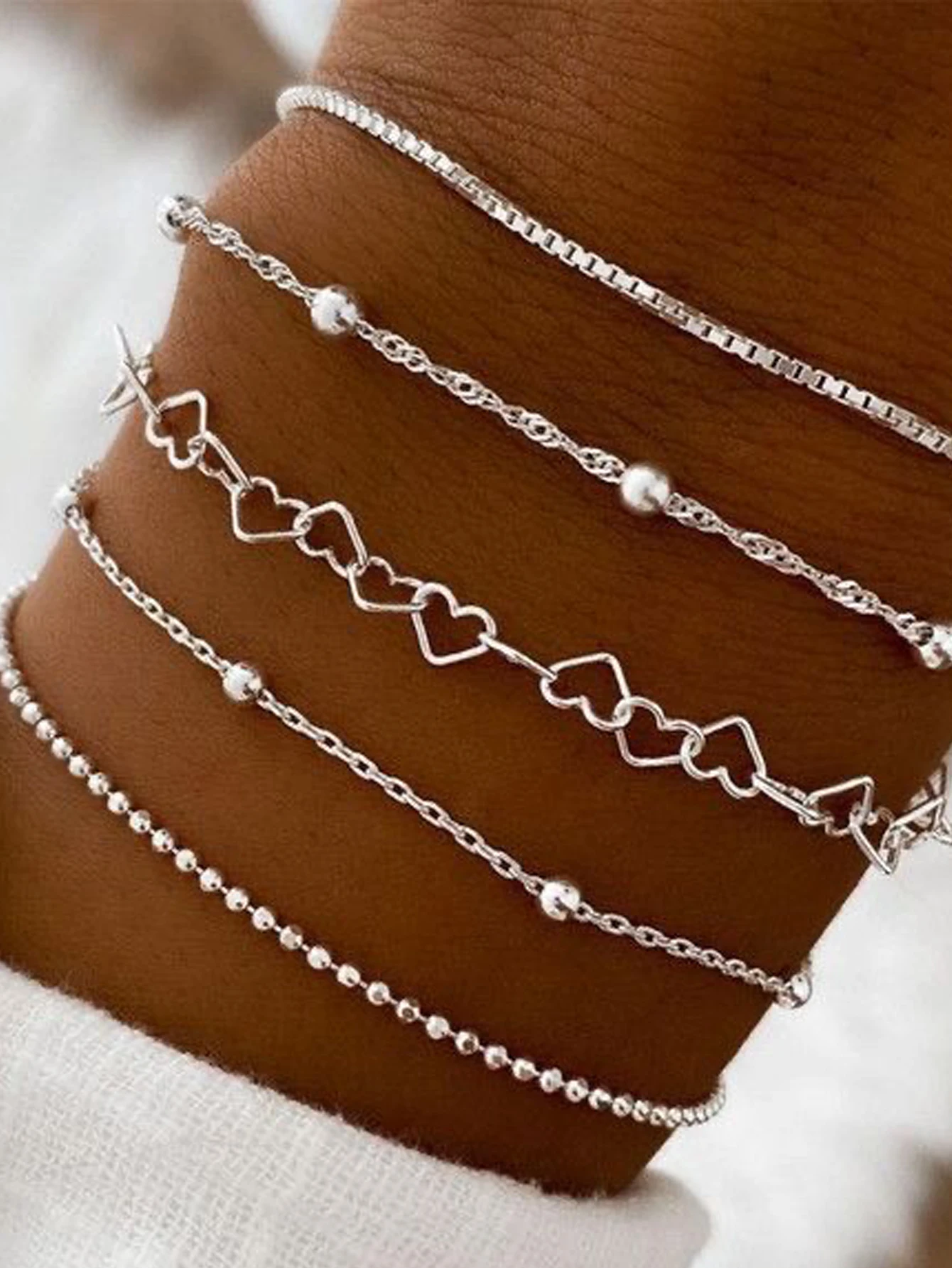 5PCS Stainless Steel Love Bead Chain Bracelet Set for Women