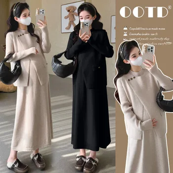 Maternity Suit Spring Autumn 2026 Simple Elegant Temperament Turtleneck Long Sleeve Knitted Dress And Cardigan Two Piece Set