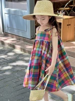 Robe d'été à carreaux colorée pour filles – Jupe trapèze sans manches avec bretelles réglables, style coréen, mode enfant pour les âges 3-8 ans 5
