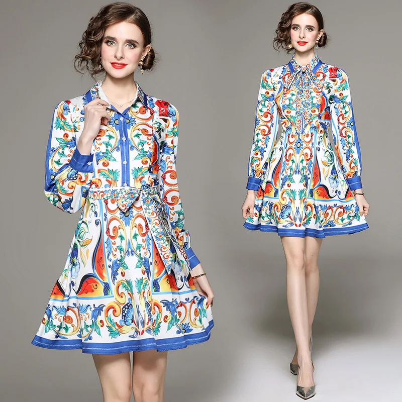Spring Summer Runway Blue And White Porcelain Dress Women\'s Lapel Long Lantern Sleeve Belt Lace Up Ruffles Mini Vestidos N2024