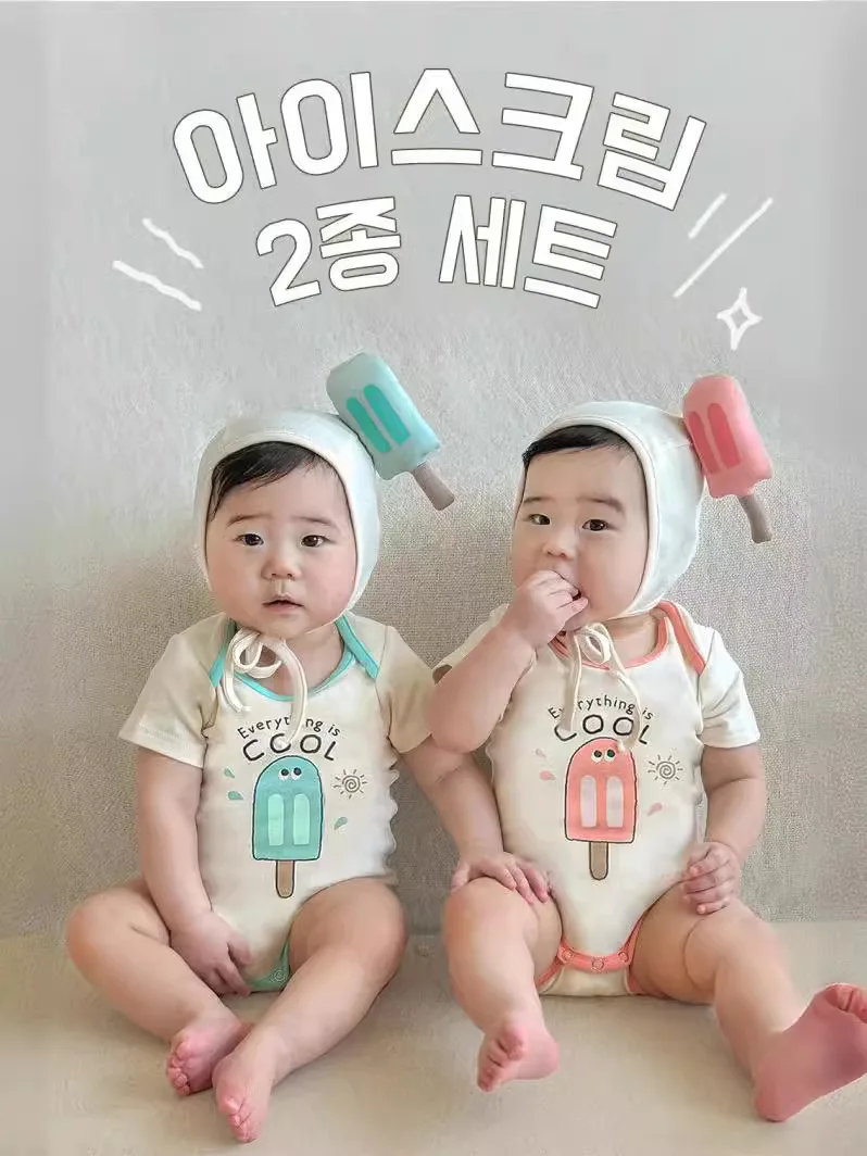 2024 Funny Summer Baby Clothes Boy Girls Korean Romper Bodysuit Cotton  Short Infant Ice cream print Onesie Jumpsuits With Hat - AliExpress, image size:798x1064