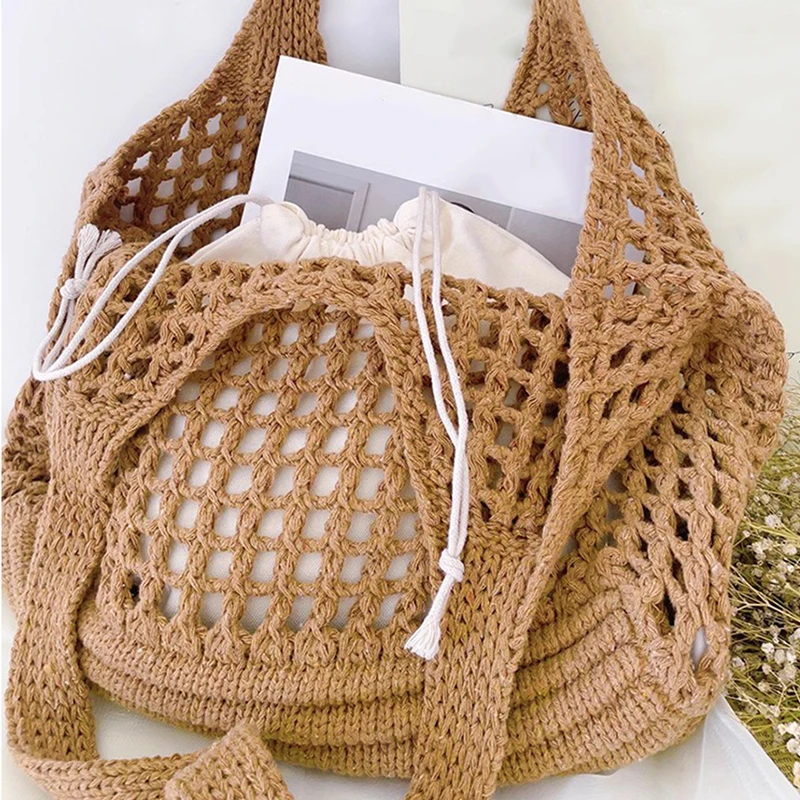 Women Crochet Tote Bag Hollow Beach Bag Large Capacity Fashion Knitted Bag Solid Color Simple Shopping Bag for Travel Vacation