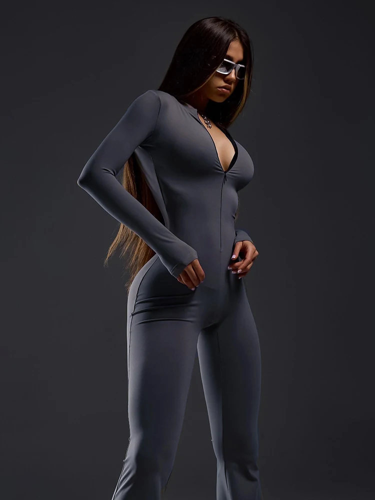IAMSURE Sporty Activewear Basic Solid Jumpsuits Slim Deep V-Neck Long Sleeve Flare Pants Women 2023 Autumn Winter Streetwear