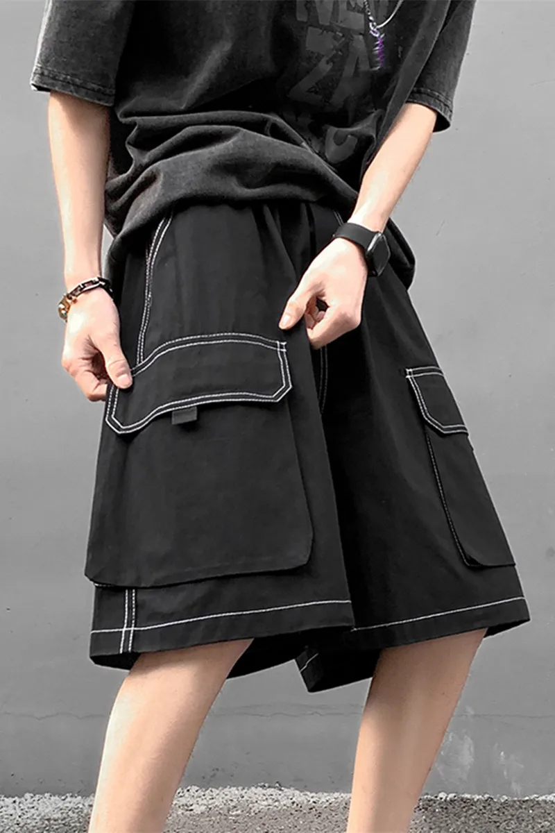 Japanese Moto Biker Cargo Shorts Ins High Street Hip Hop Loose Fit Shorts Knee Length Big Pockets Khaki Harajuku Oversize Shorts