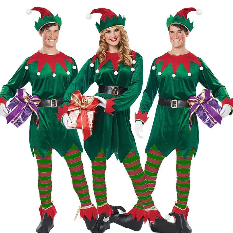 

Christmas Santa Claus Costume for Girls Boys Men Women Couple Green Elf Cosplay Xmas Elf Carnival Party New Year Fancy Outfit