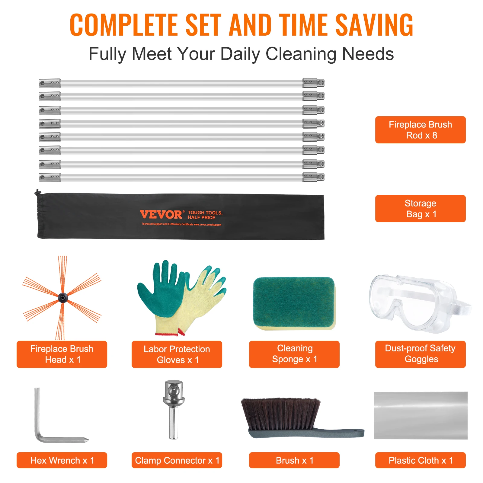 VEVOR 23/26/30/33/39ft Chimney Sweep Kit Reinforced Nylon Flexible Rods Ergonomic Chimney Cleaning Brush 360-Degree Brush chimney cleaning kit