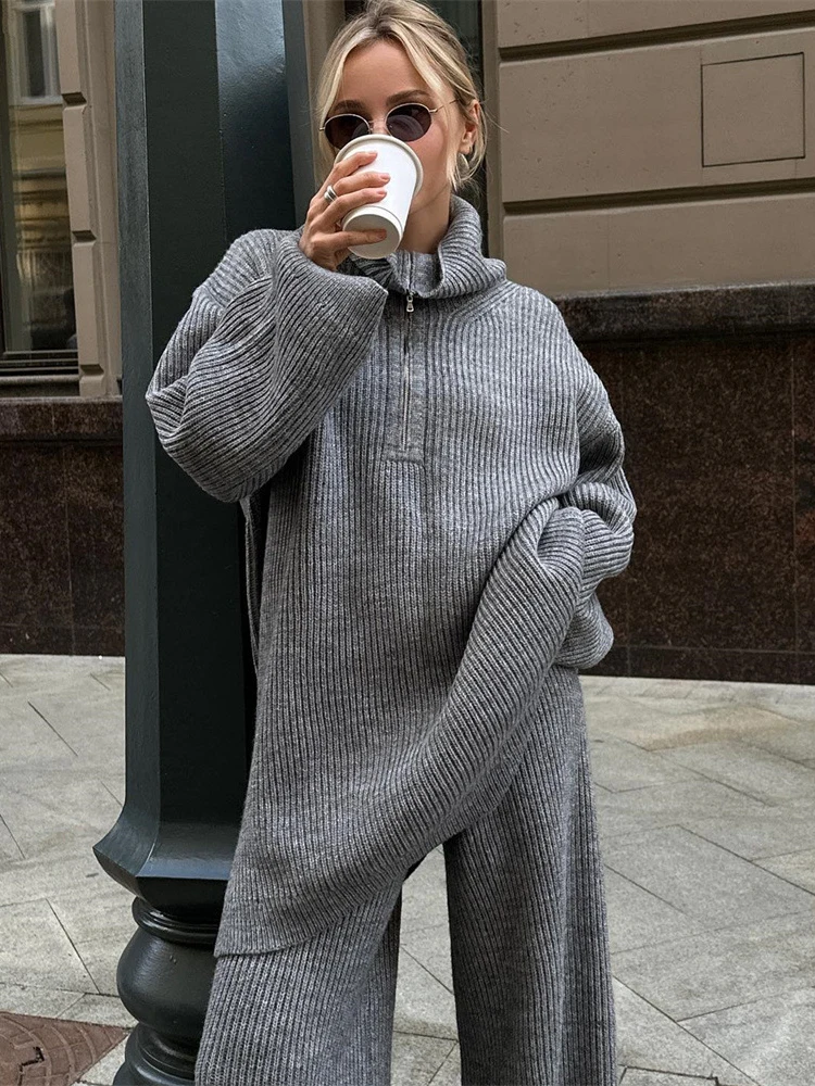Winter Grey Knit Sweater Outfit Autumn Winter Women Two Piece Set