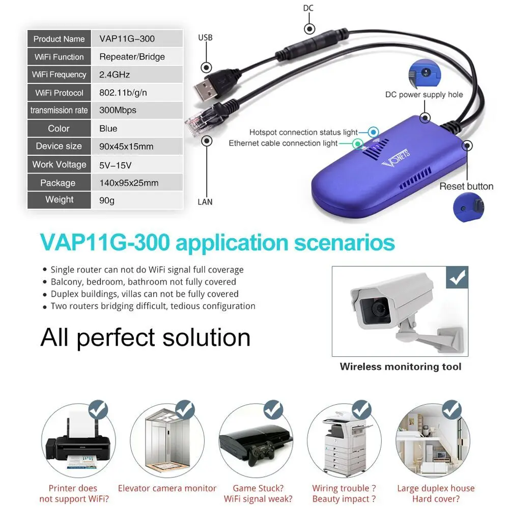 Wifi repeater router VONETS WiFi Bridge Wireless Repeater Wifi Hospot Signal Booster Wifi Extender AP For IP Camera Printer RJ45 Adapter VAP11G-300