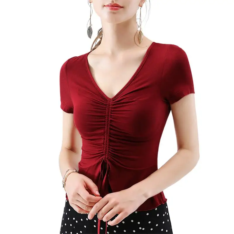 

Женская Винтажная футболка на шнуровке, новые модные топы в стиле Харадзюку, женская одежда, свободные рубашки с коротким рукавом и V-образным вырезом, корейская мода