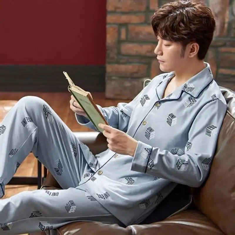 Pajama Sets Men Spring Fall Winter Cotton Long-Sleeved Large Size Leisure Sleepwear