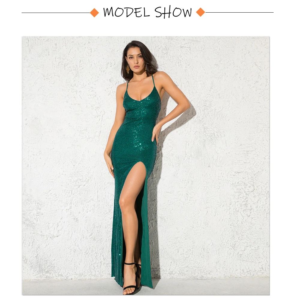 Sc7c2e58d71a9494c9f482ee30552631aS Sexy V Neck Lace Up Sequined Cocktail Party Dress Backless Split Leg Sleeveless Summer Long Dresses Evening Wedding Gown Mallzona