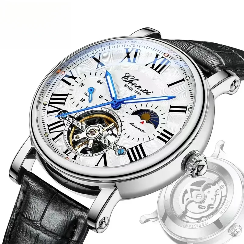 Business Fashion Men Automatic Mechanical Watch Hollow Skeleton Dial Leather Strap Waterproof Luxury Reloj Hombre Present - 2