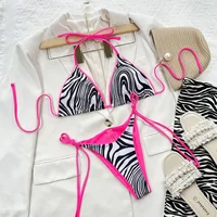 Sexy Zebra Print Bikini Women 2-piece Triangle Bag Swimsuit Fluorescent Bandage Backless Bathing Suit Low Waist Swimwear 2024