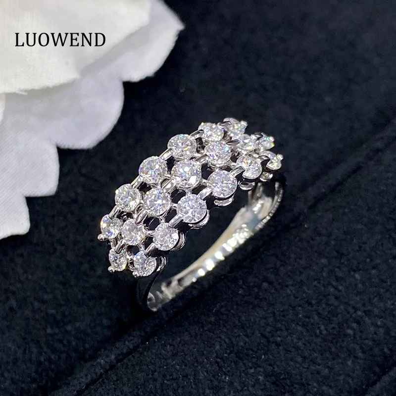 LUOWEND 18K White Gold Rings Luxury Real Natural Diamond Ring Shining Three Row Drill Design Wedding Band for Women Engagement new velvet three layer jewellery storage box acrylic organizers earring rings necklace large space jewellery case holder women