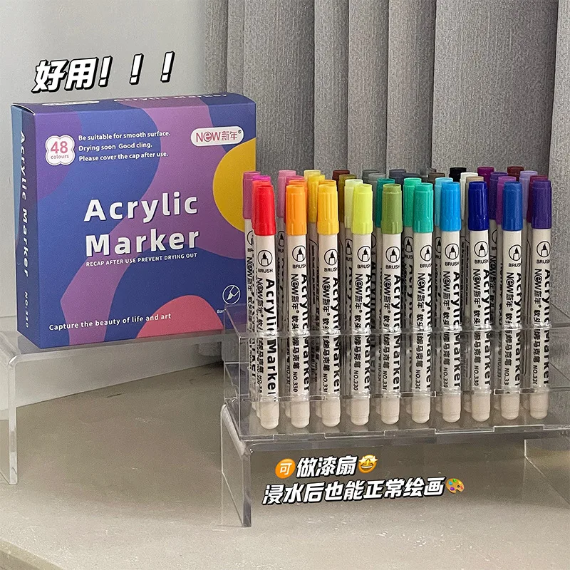 아크릴 마커 펜, 부드러운 헤드, 방수 페인팅, DIY 페인트 선풍기 마커 펜, 학생 문구 미술 용품, 12 색, 36/48 색 세트