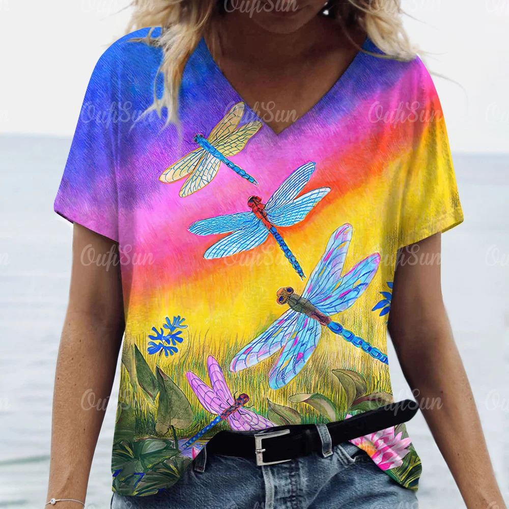 

Summer Women's T-shirt Harajuku Clothing V-neck Dragonfly Print Short Sleeve Tops Female Oversized Fashion Blouse Daily Tees