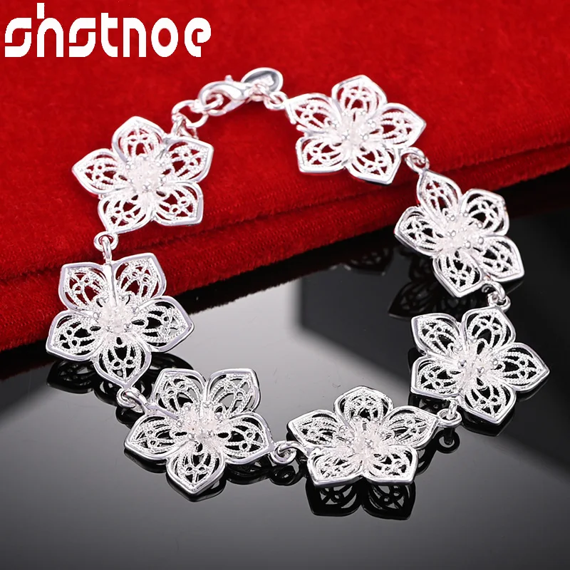 

SHSTONE 925 Sterling Silver Full Flower Chain Bracelet For Woman Charm Wedding Accessories Birthday Party Fashion Jewelry