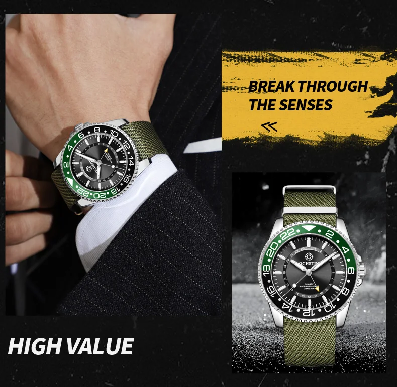 OCHSTIN Orginal Quartz Mens Watch Waterproof 24 Hours Time Zone Luxury Male Wristwatches Luminous Hands Rotating Bezel Design