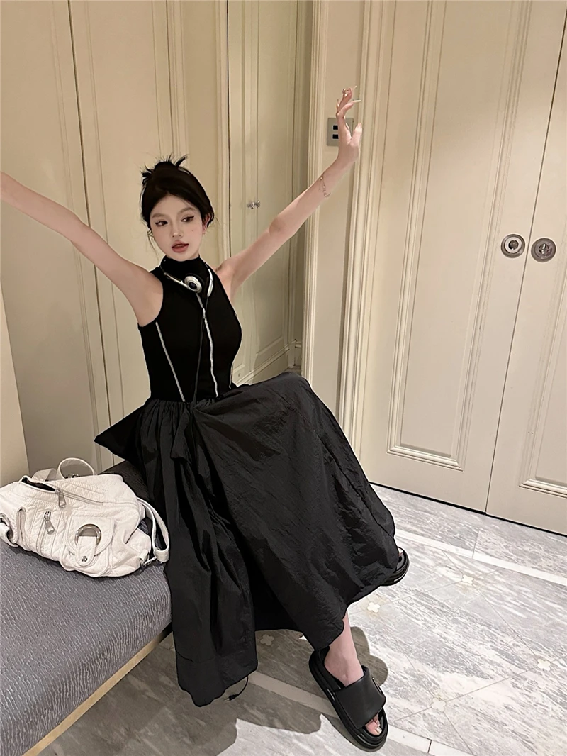 Casual Black Knitted Dresses for Women Sleeveless Vest Dress A-line Casual Korean Fashion Half High Collar Autumn New Vestido
