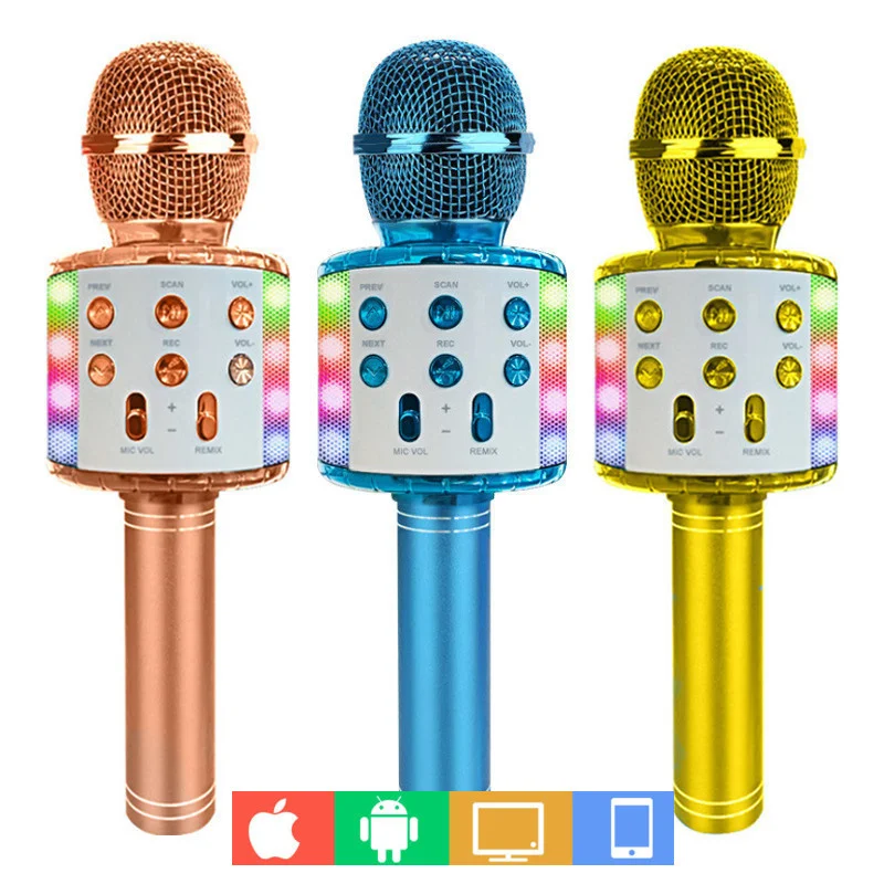 Wireless Karaoke Microphone Bluetooth Handheld Speaker Portable Home KTV Player With Dancing LED Light Record Function Christmas