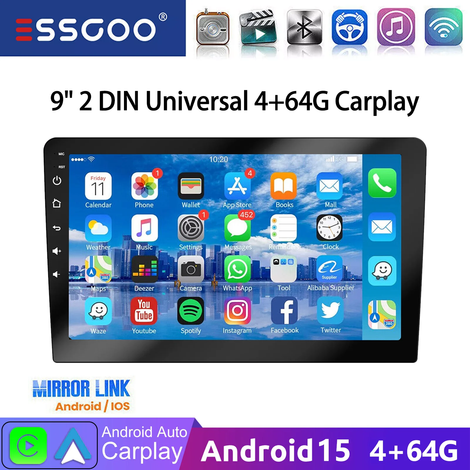 ESSGOO 9" 2 DIN Car Stereo Radio Wirless Carplay Android Auto Car Stereo Bluetooth 4+64G GPS Navigation RDS WiFi USB Mirror Link