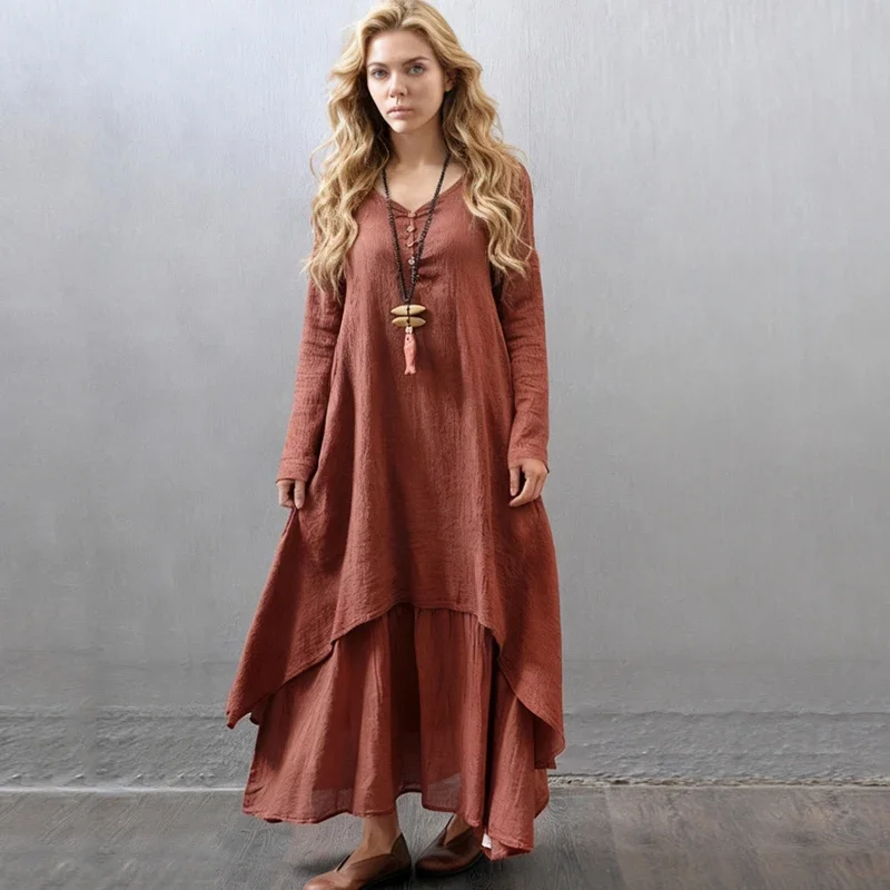New Spring and Summer Women's Solid Color Loose Long-sleeved Dress Fake Two Pieces Swing Casual Cotton and Linen Long Skirt