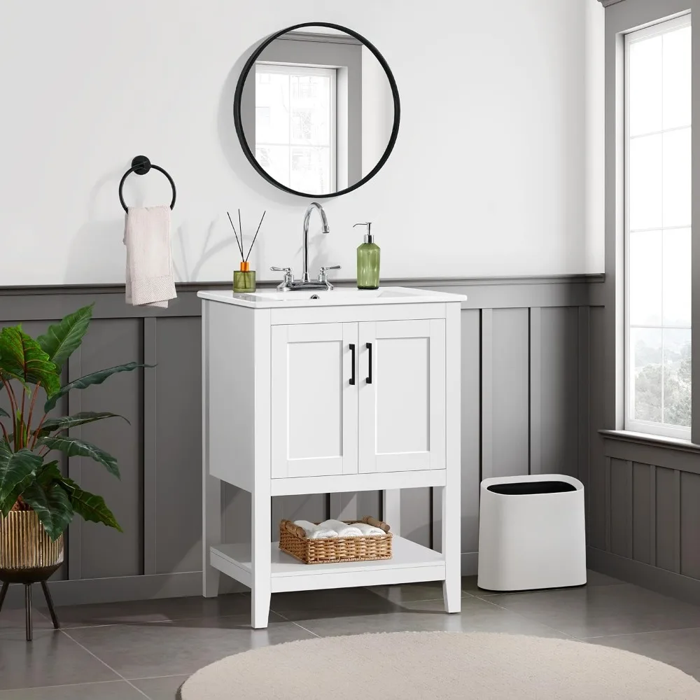 24" Bathroom Vanity with Sink, Sink Cabinet with Rectangular Ceramic Basin, Vanities Cabinet with 2 Doors and 1 Open Shelf,White 3