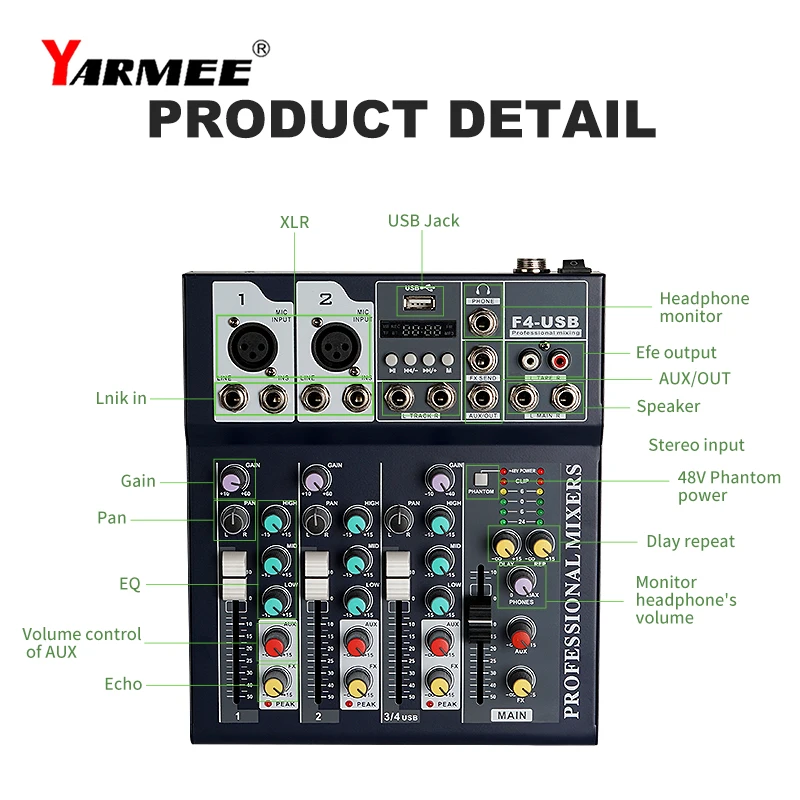 Bluetooth Portable Audio Mixer USB Record Computer DJ Sound Mixing Console 4 Channel Karaoke Amplifier System 48V Phantom Power