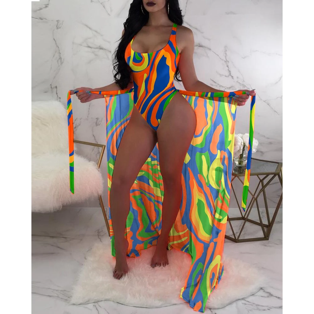 Summer Sexy Women Vintage Geometric Print One Piece Swimsuit With Cover Up Beach Two Pieces Set New in Swimsuit Vacation