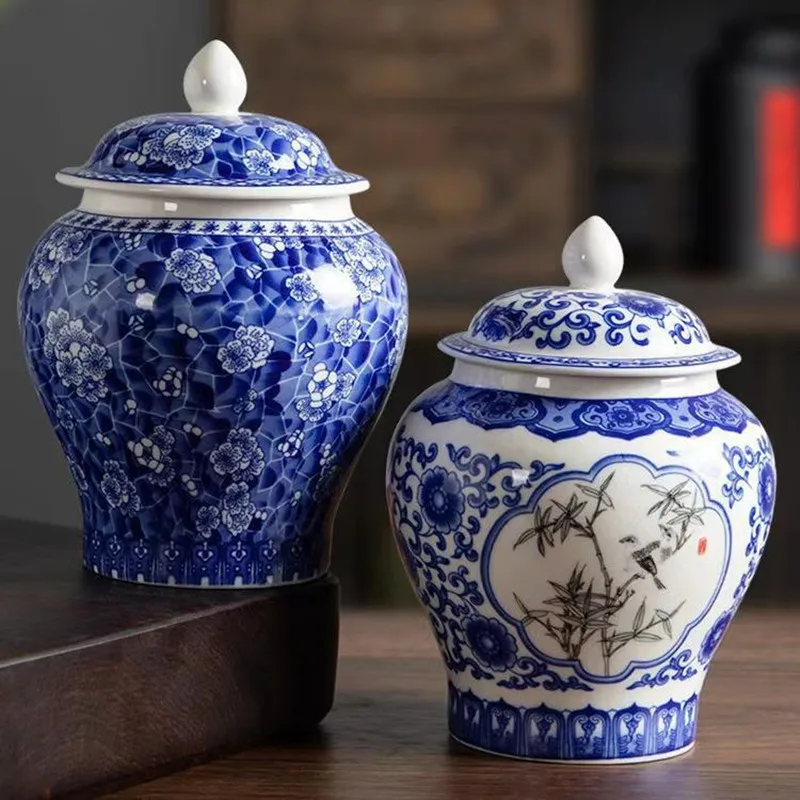 Blue and White Porcelain Ceramic Tea Canister General Can Sealed Storage Tank Small Storage Container Organizer Box