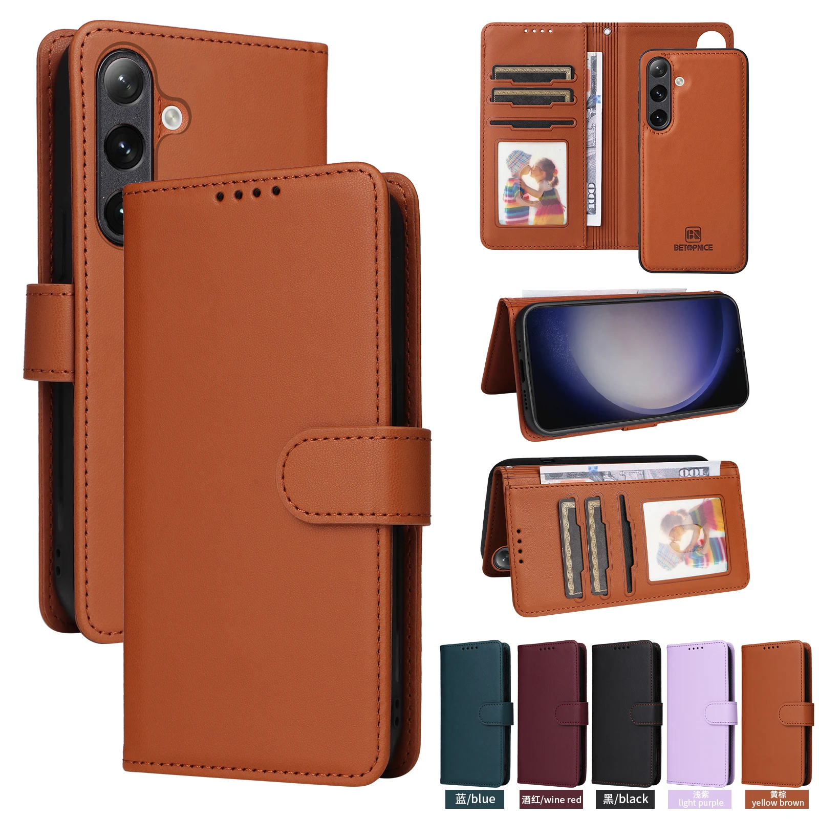 Dual Function Magnetic Leather Wallet Case with Removable Card Slots and Flip Book Cover