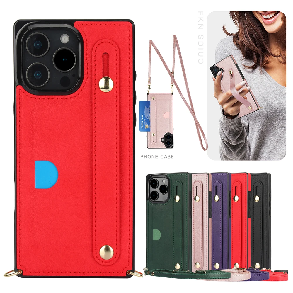 Elegant Crossbody Leather Phone Case with Kickstand and Card Slot Featuring a Wristband Design