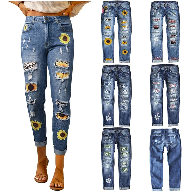 Printed washed jeans for women spring and autumn high street ins style casual wide leg pants American straight trousers