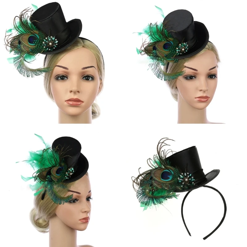 

Vintage Top Hat Pillbox Hat Feather Top Hat Fascinator for Halloween Party 449B