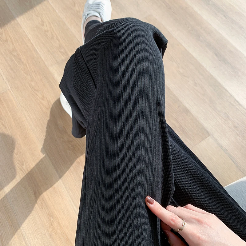 Casual Solid Loose Straight Women's Pants 2022 Summer Ice Silk Elastic High Waist Girl Trousers Drawstring Wide Leg Pants Femme