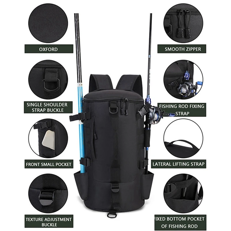 LALA Fishing Backpack Outdoor Fishing Rod Bag Wet Dry Separation Camping Backpacks Hiking Climbing Rucksack