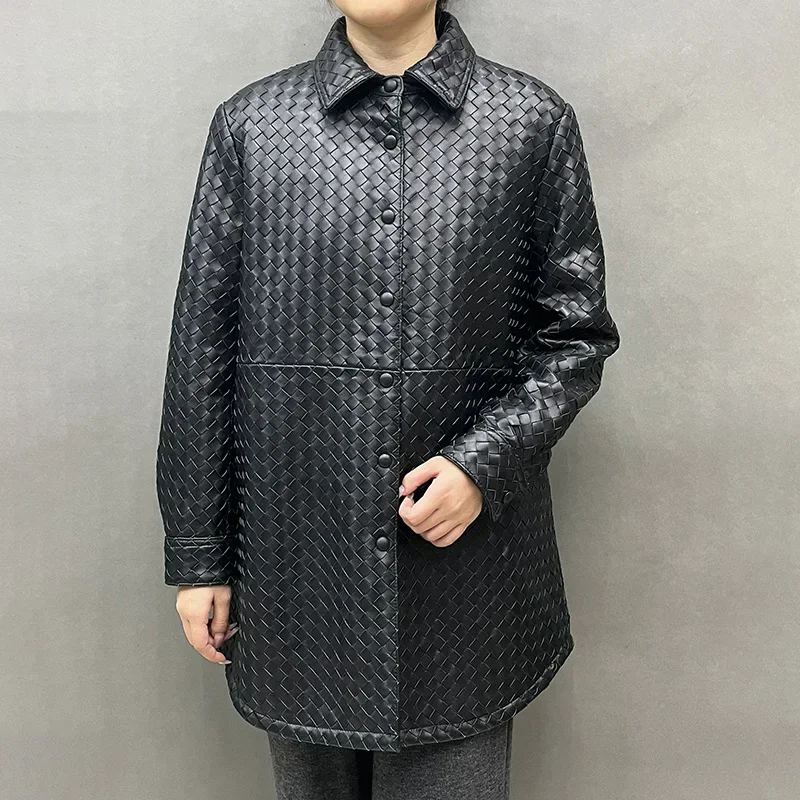 

Новинка 2024, дизайнерские вязаные кожаные пальто, Длинная женская модная куртка из овечьей кожи, уличная одежда с отложным воротником, Женская куртка