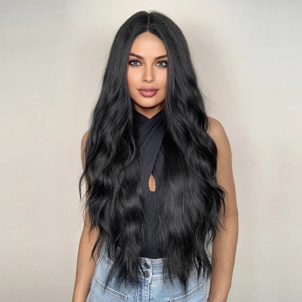Black Wave Wigs for Women Long Natural Curly Wig Middle Part Synthetic Wig Heat Resistant Hair Daily Party Use_voghion.com