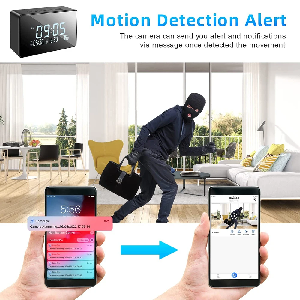 Burglar in mask carrying a bag in a living room with a SpyCam Clock alerting mobile devices of the intrusion along with time and alert details.