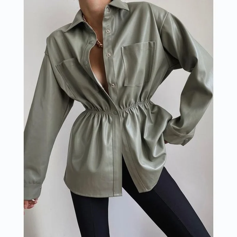 

YEMOGGY Fashion Leather Jacket for Women Fall Outerwear 2022 New Casual Skinny Waist Single Breasted Pocket Ladies Long Jacket