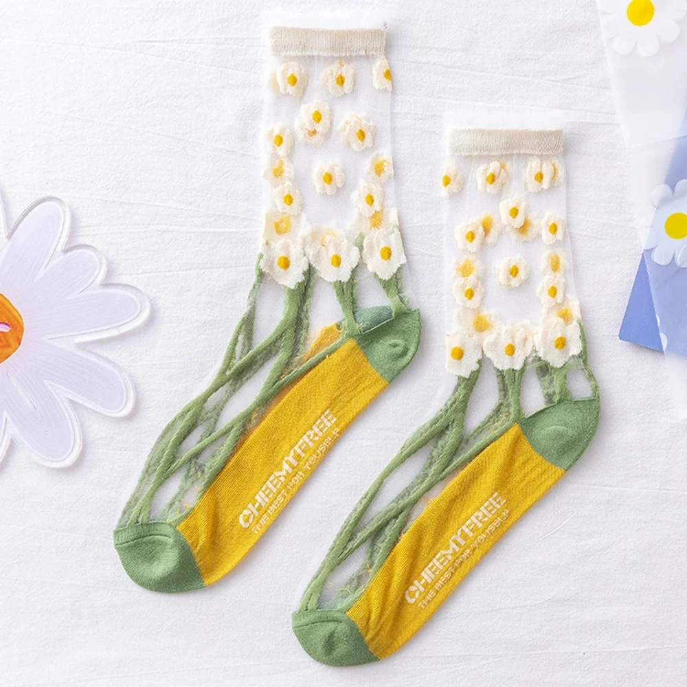 5 Paare/paket frauen Mitte Der Wade Spitze Trim Baumwolle Mesh Atmungsaktive Dünne Glas Seide Kristall Kleine Blume Rebe socken Dropship – Detail 7