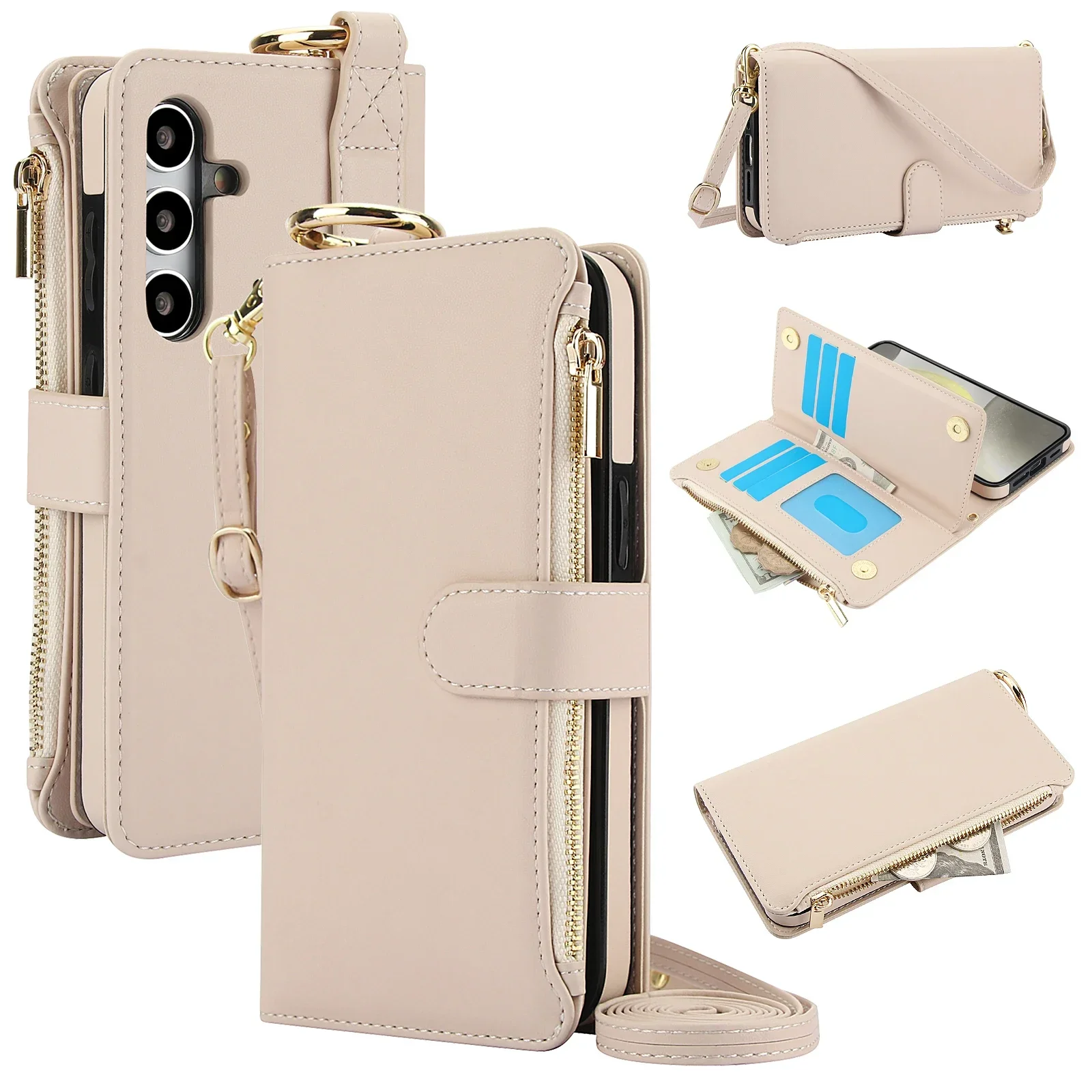 Leather Wallet Case with Ring Lanyard and Card Slots - Zipper Flip Purse Cover